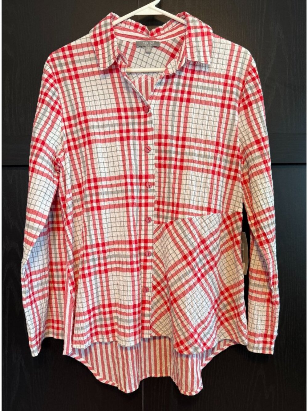 Habitat Women's Plaid Crinkle Button Up Collared Blouse Small Long Sleeves Boho